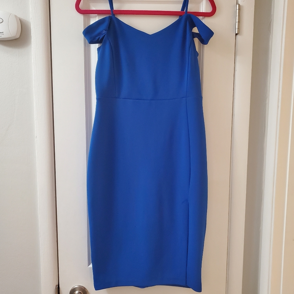 DONATED Express Off Shoulder Cobalt Royal Blue Cocktail Dress Side Slit